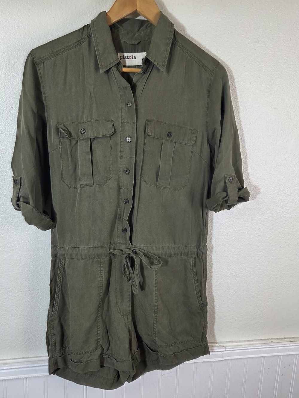 Pistola Olive Green Tencel Utility Romper Womens Small Button Front Drawstring - Picture 3 of 15